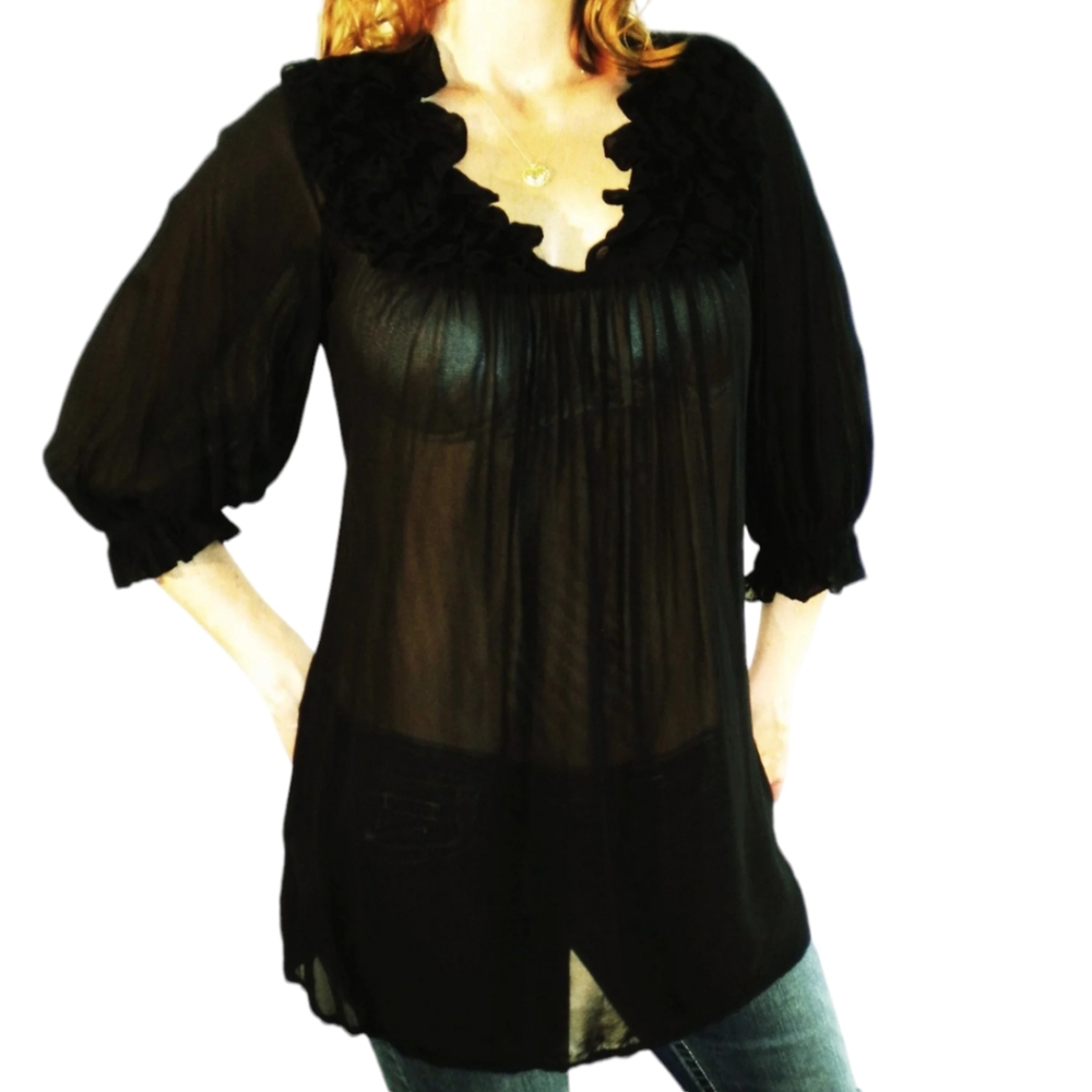 ULF Andersson Amanda Black Sheer Ruffle Blouse Size Large